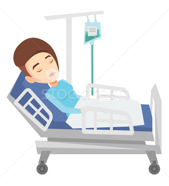 Pacient pat de spital masca de oxigen femeie procedura medicala picătură Imagine de stoc © RAStudio