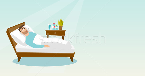 Sick man with thermometer laying in bed. Stock photo © RAStudio