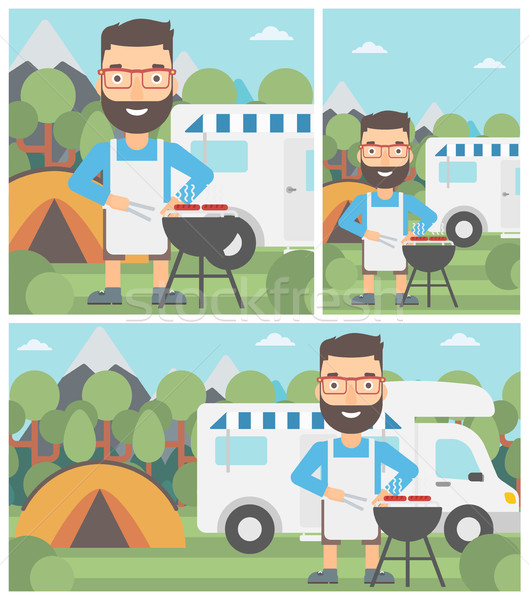 Man having barbecue in front of camper van. Stock photo © RAStudio