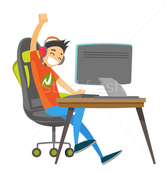 Young caucasian white gamer playing video game. Stock photo © RAStudio