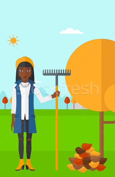 Stock photo: Woman with rake near tree and heap of leaves.