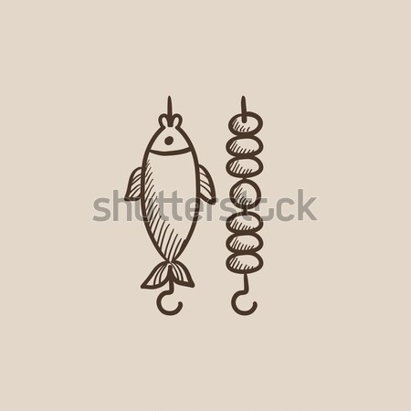кебаб гриль рыбы эскиз икона вектора Сток-фото © RAStudio