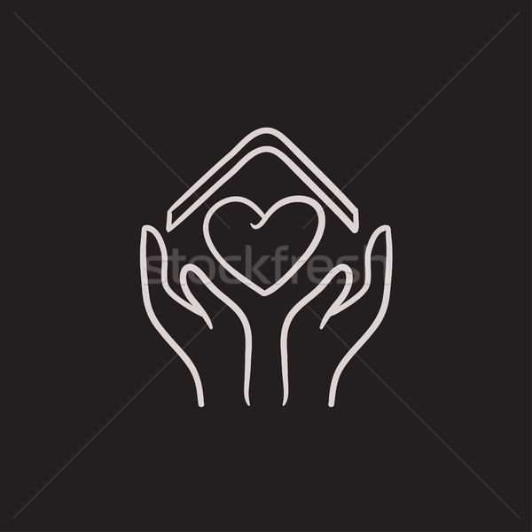 Hands holding roof of house and heart sketch icon. Stock photo © RAStudio