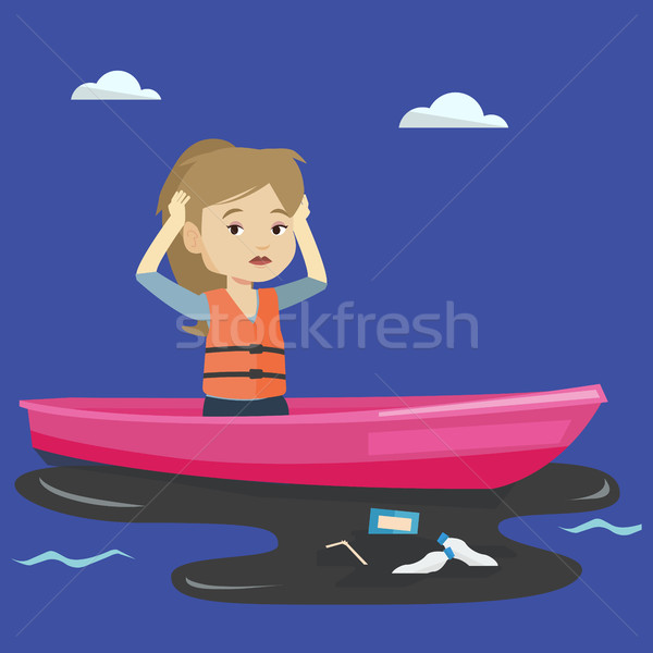 Woman floating in a boat in polluted water. Stock photo © RAStudio