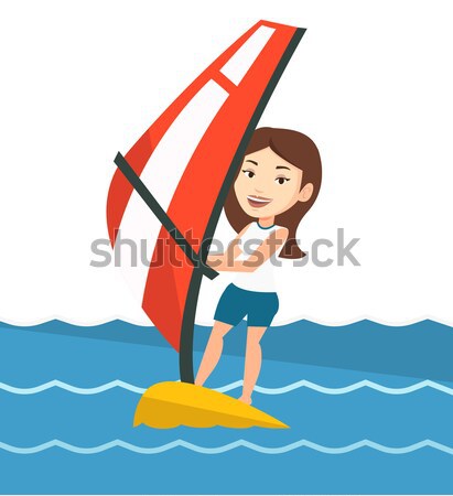 Jonge man het windsurfen zee asian man permanente Stockfoto © RAStudio