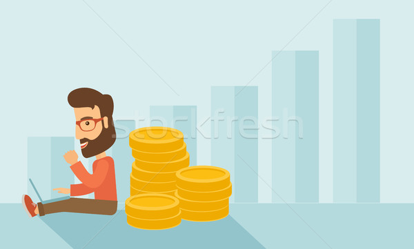 Businessman is sitting with pile of gold coins on his back. Stock photo © RAStudio