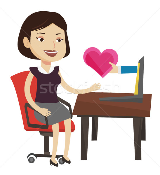 Jonge vrouw dating online met behulp van laptop vrouw kaukasisch Stockfoto © RAStudio