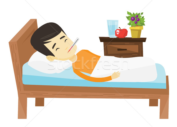 Beteg férfi hőmérő fektet ágy ázsiai Stock fotó © RAStudio