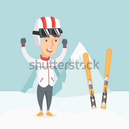Foto stock: Alegre · esquiador · em · pé · as · mãos · levantadas · caucasiano