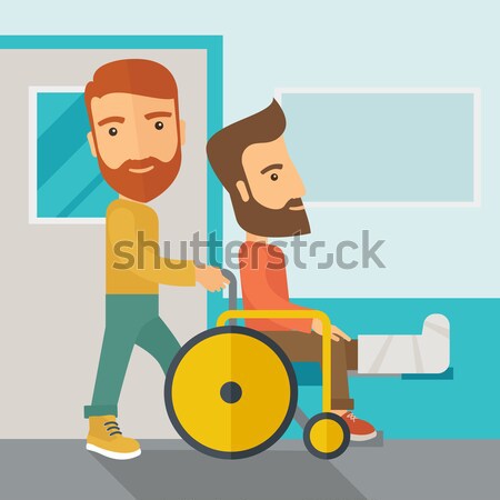 Homme poussant fauteuil roulant jambe cassée patient [[stock_photo]] © RAStudio