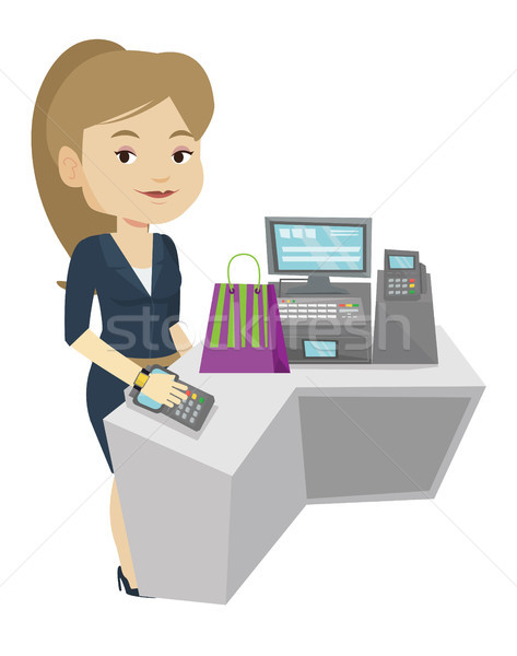 Woman paying wireless with smart watch. Stock photo © RAStudio