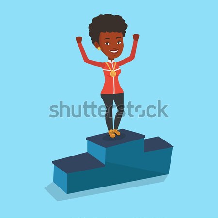 Foto stock: Vencedores · pódio · medalha · as · mãos · levantadas