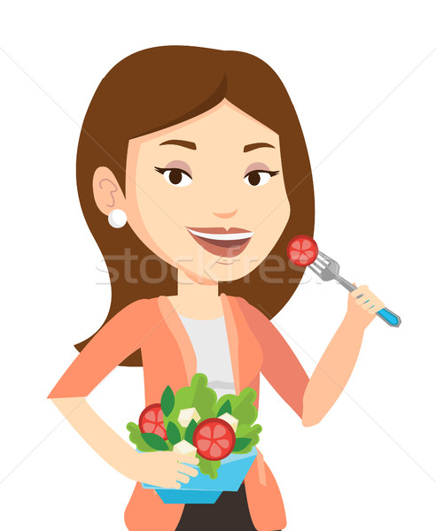 Stock photo: Woman eating healthy vegetable salad.