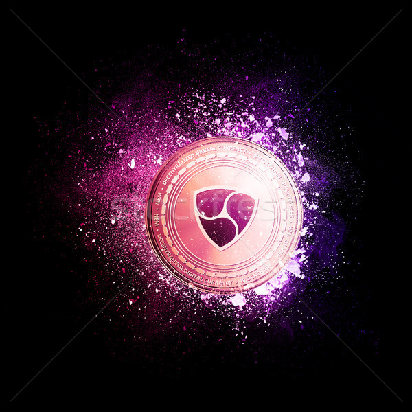 Stock photo: NEM coin flying in violet particles.