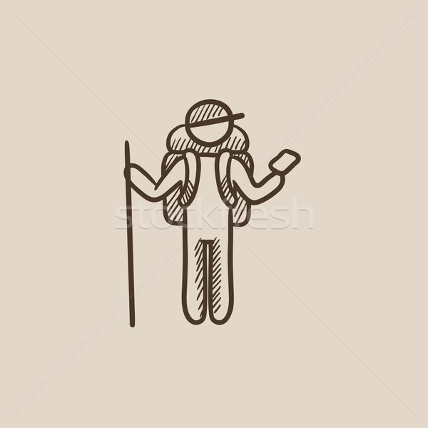 Tourist backpacker with phone sketch icon. Stock photo © RAStudio