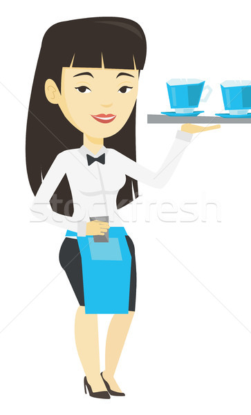 Waitress holding tray with cups of coffeee or tea. Stock photo © RAStudio