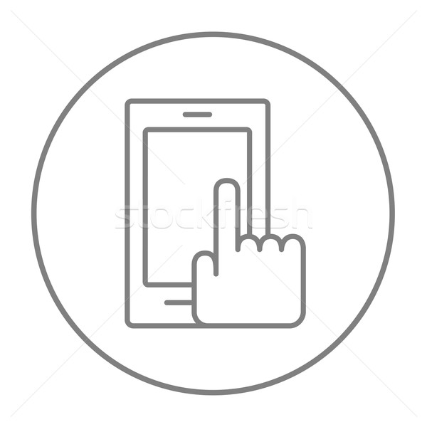 Finger pointing at smart phone line icon. Stock photo © RAStudio