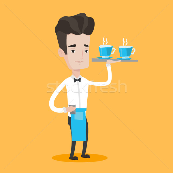 Waiter holding tray with cups of coffeee or tea. Stock photo © RAStudio