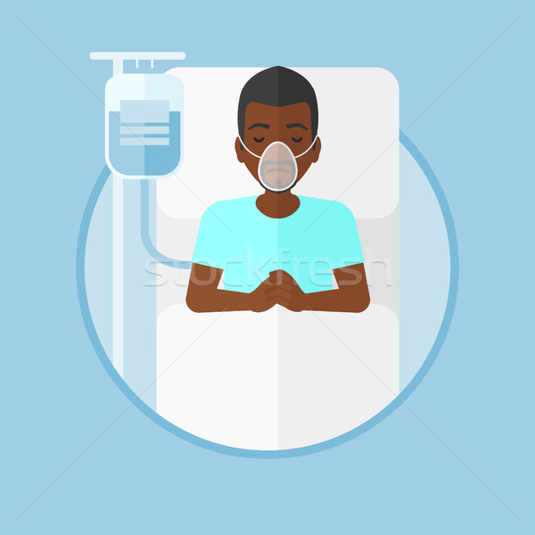 Pacient pat de spital masca de oxigen om procedura medicala picătură Imagine de stoc © RAStudio