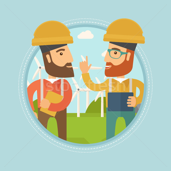 Stock photo: Workers of wind farm talking vector illustration.