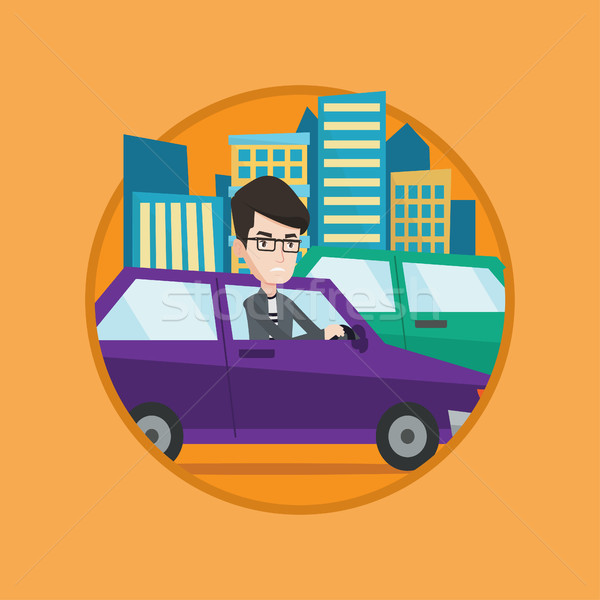 Angry caucasian man in car stuck in traffic jam. Stock photo © RAStudio