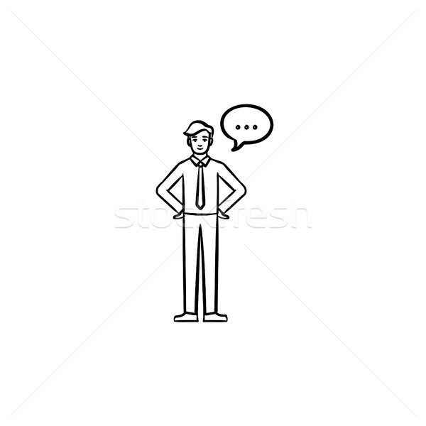 Stock photo: A man with a speach square hand drawn sketch icon.