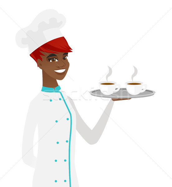 Young african-american chef holding tray with cups Stock photo © RAStudio