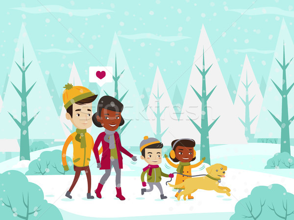 Multiethnic family walking in winter snowy forest. Stock photo © RAStudio