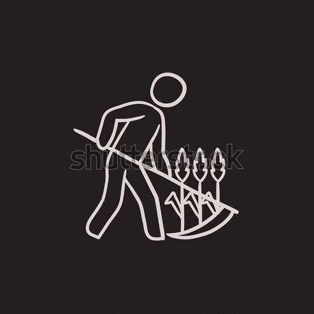 Man mowing grass with scythe line icon. Stock photo © RAStudio
