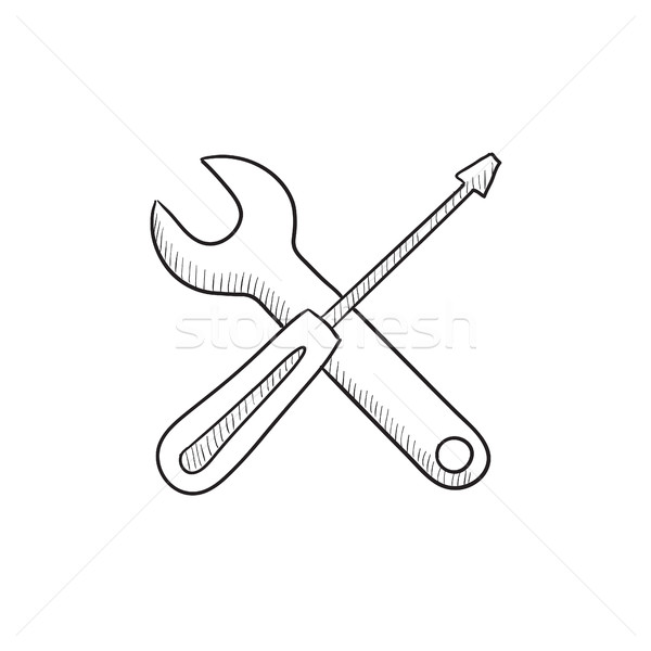 Stockfoto: Schroevendraaier · sleutel · tools · schets · icon · vector