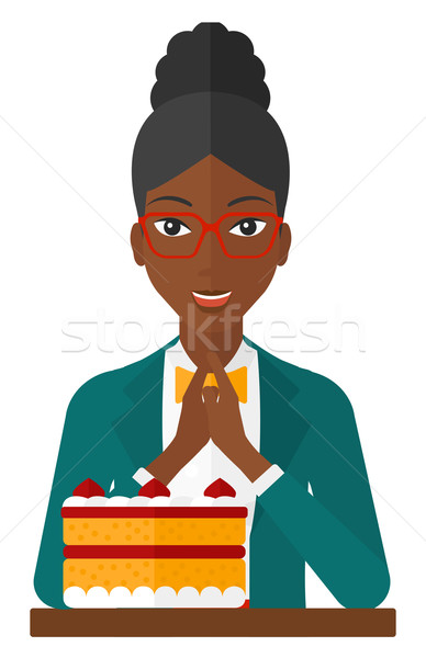 Foto stock: Mujer · mirando · torta · feliz · sesión · mesa