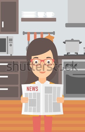 Foto stock: Mujer · lectura · periódico · cocina · vector · diseno