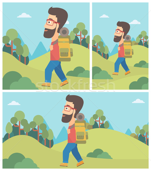 Man with backpack hiking vector illustration. Stock photo © RAStudio