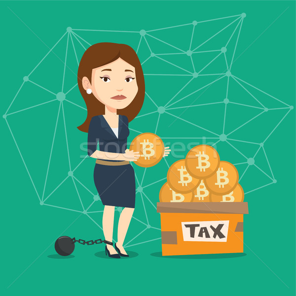 Woman putting bitcoin coin in box for taxes. Stock photo © RAStudio