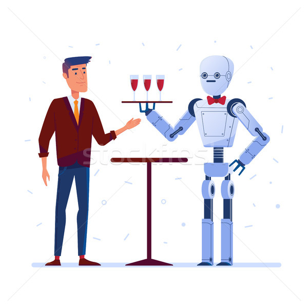 Stock photo: Robot waiter serves wine to a man