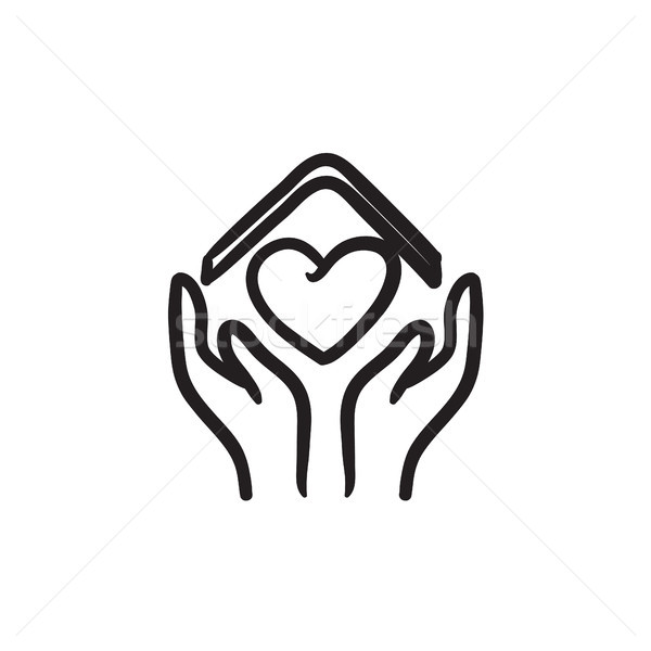 Hands holding roof of house and heart sketch icon. Stock photo © RAStudio