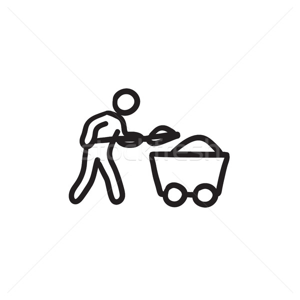 Stock photo: Mining worker with trolley sketch icon.