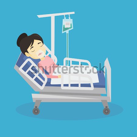 Imagine de stoc: Pacient · pat · de · spital · masca · de · oxigen · tineri · asiatic · procedura · medicala