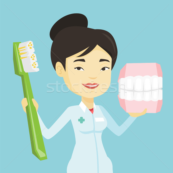 Dentist with dental jaw model and toothbrush. Stock photo © RAStudio