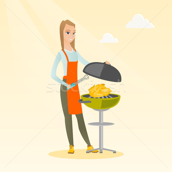 Femme cuisson poulet barbecue extérieur Photo stock © RAStudio