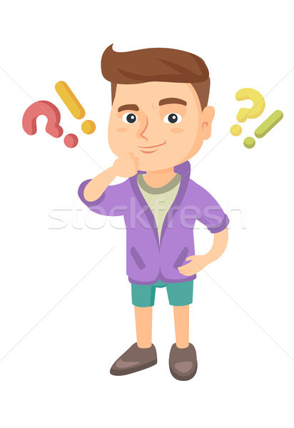 Boy standing under question and exclamation marks. Stock photo © RAStudio