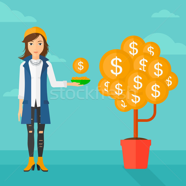 Foto stock: Mujer · dólar · monedas · moneda · cielo · azul