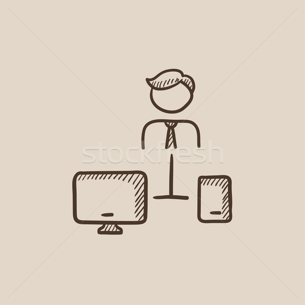 Man linked with computer and phone sketch icon. Stock photo © RAStudio