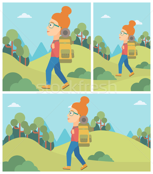 Woman with backpack hiking vector illustration. Stock photo © RAStudio