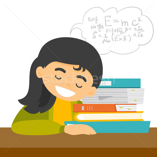 Caucasian Student Sleeping On The Desk With Books Vector