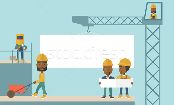 Tapasztalt csapat fekete munkások fehér tábla visel Stock fotó © RAStudio