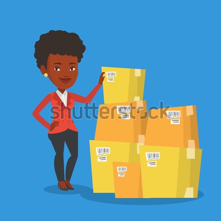 Jonge zakenvrouw dozen magazijn afrikaanse werken Stockfoto © RAStudio