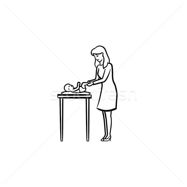 A mother changing baby's diaper on a table hand drawn outline do Stock photo © RAStudio