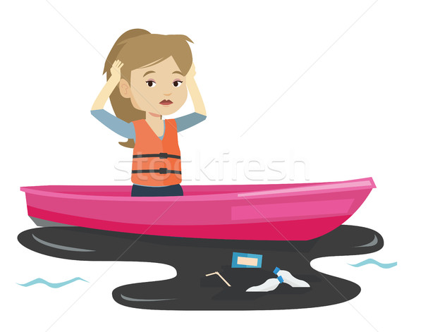 Woman floating in a boat in polluted water. Stock photo © RAStudio