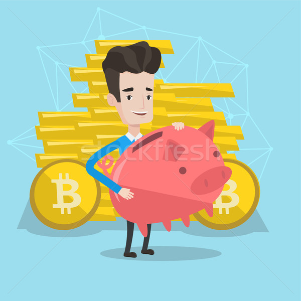 Man holding a piggy bank with a bitcoin sign. Stock photo © RAStudio